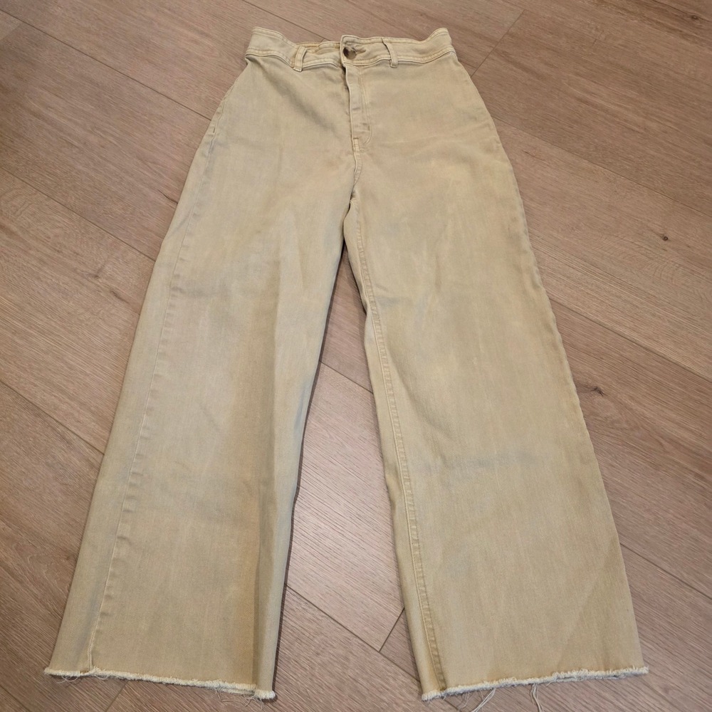Naf Naf Paris Pants Womens Size 6 Wide Leg Beige High Rise Raw Hem Boho Casual